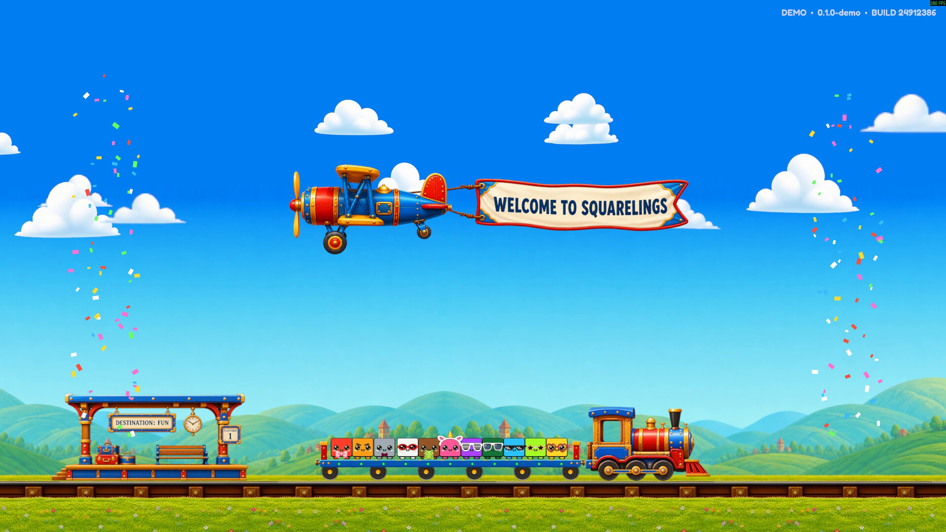 Squarelings demo opening screen with the group arriving by train