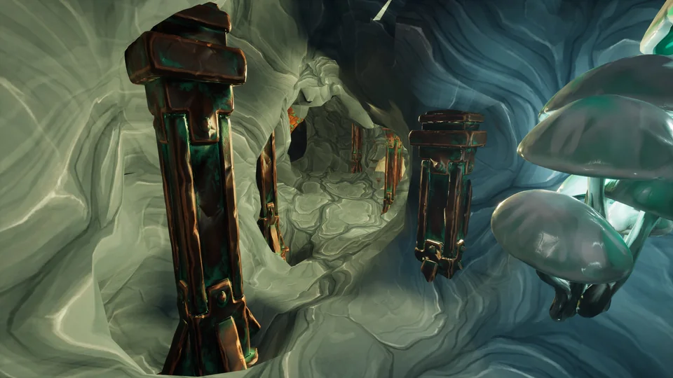 Mithril pre-release game screenshot: a narrow cave tunnel reinforced with metal support struts, with large mushrooms beside the passage.