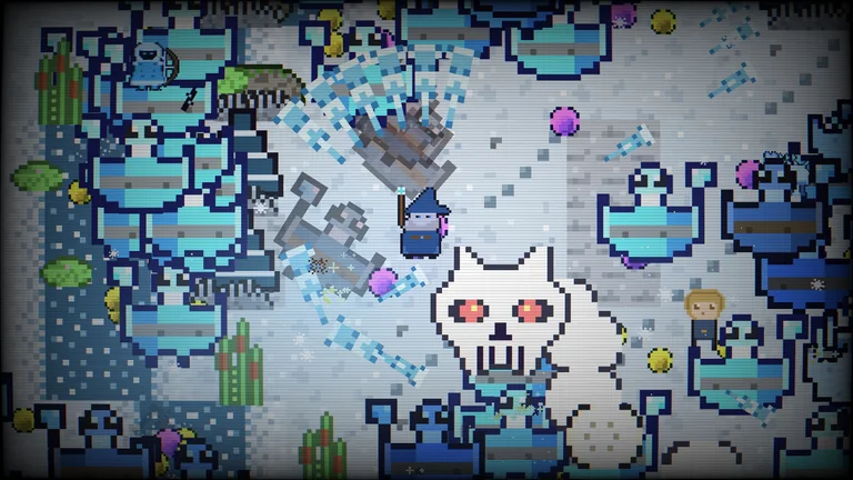 Goliath Rogue gameplay: a wizard surrounded by large blue enemies, icy effects and a skull-shaped foe