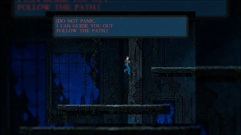 The Residual gameplay: the character jumps through a dark room under an operator message offering guidance