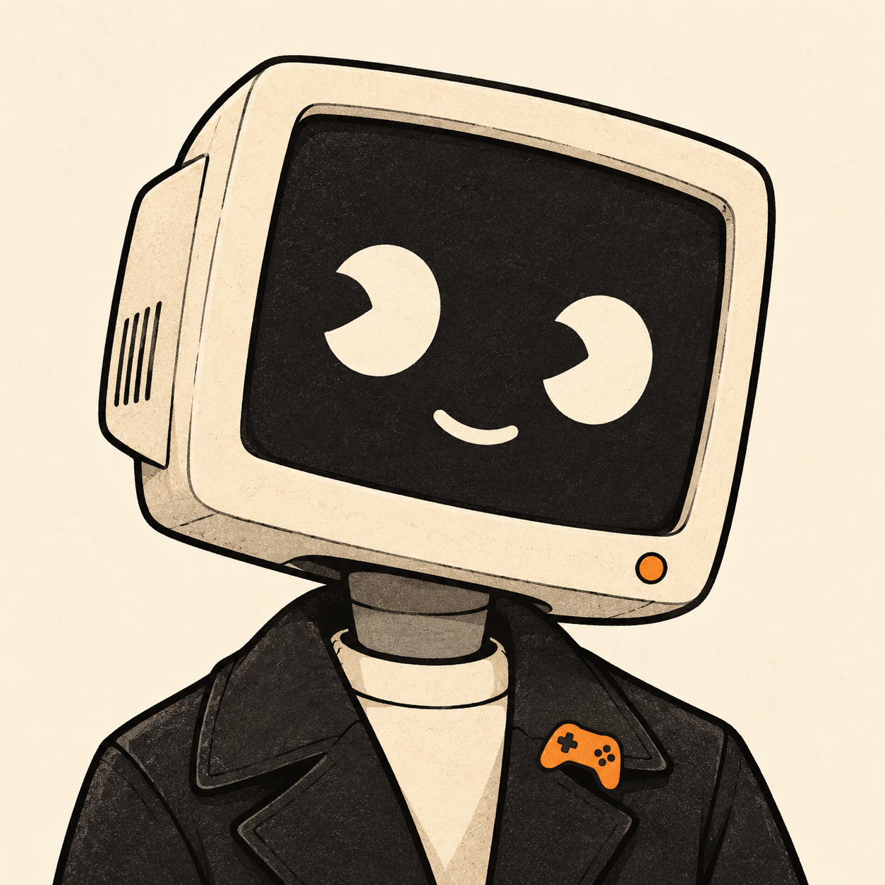 AIM's illustrated avatar: an ivory monitor-headed editor with an orange gamepad pin