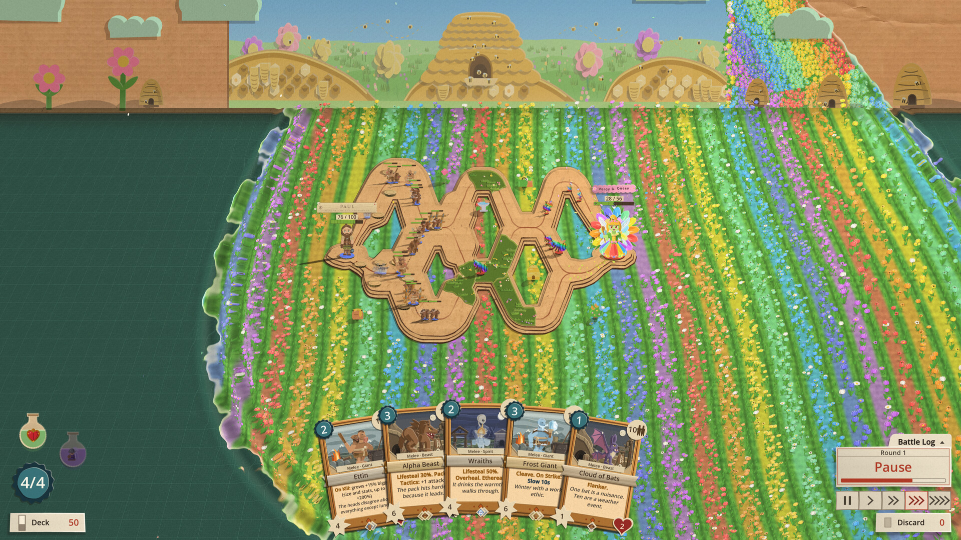Cardboard Conquest official screenshot: paper squads face Verdy B. Queen on a winding cardboard road surrounded by colourful flowers and a beehive backdrop.