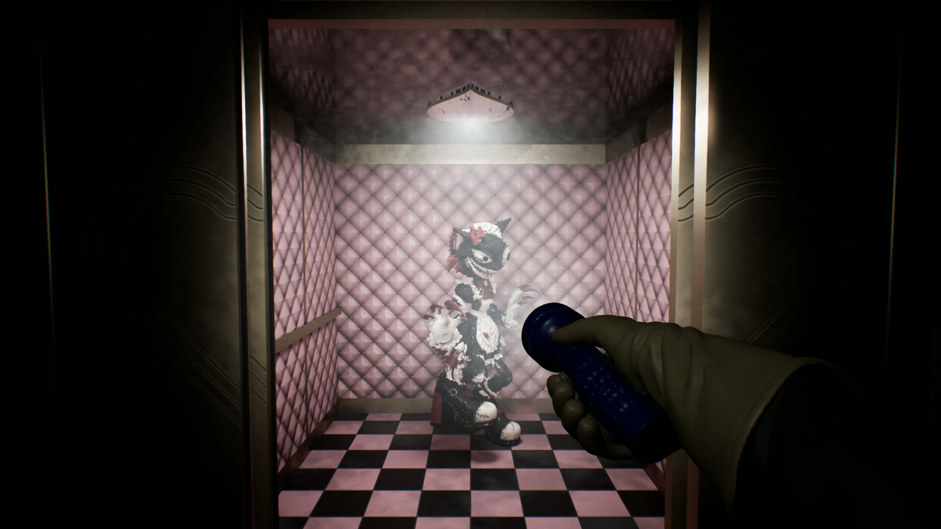 KEEP IT ON HER official screenshot: a flashlight illuminates Sweetie in a pink-tiled room.