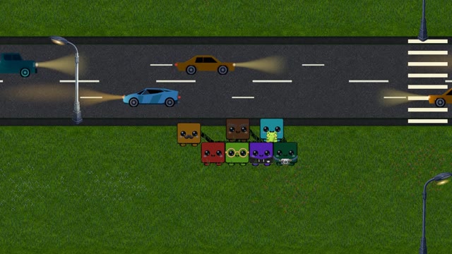 Squarelings characters beside a road with moving traffic, in official gameplay B-roll.