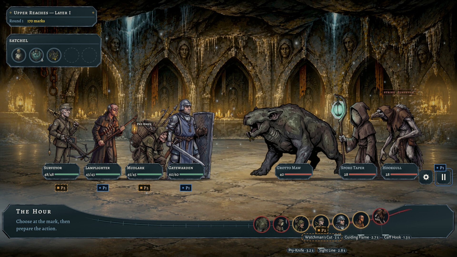 Four heroes face enemies above a shared combat timeline; P1 and P2 labels divide the party.