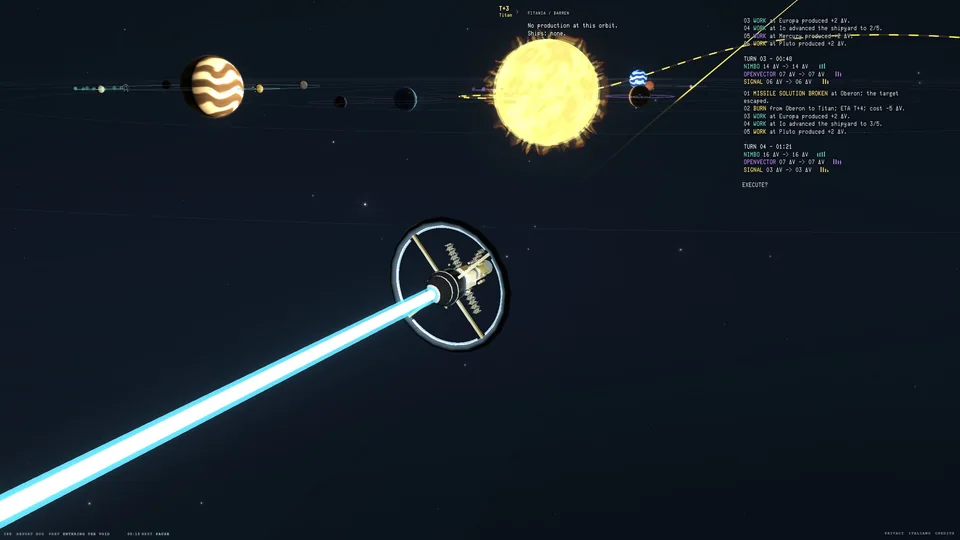 DeltaV Orbital Strategy official pre-release screenshot: a ring-shaped ship with a bright blue trail below the planetary map and order log.