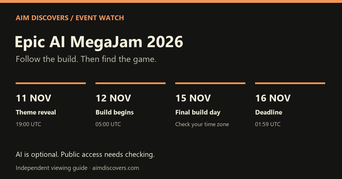 Original AIM timeline: theme November 11, build begins November 12, final build day November 15, deadline November 16 at 01:59 UTC