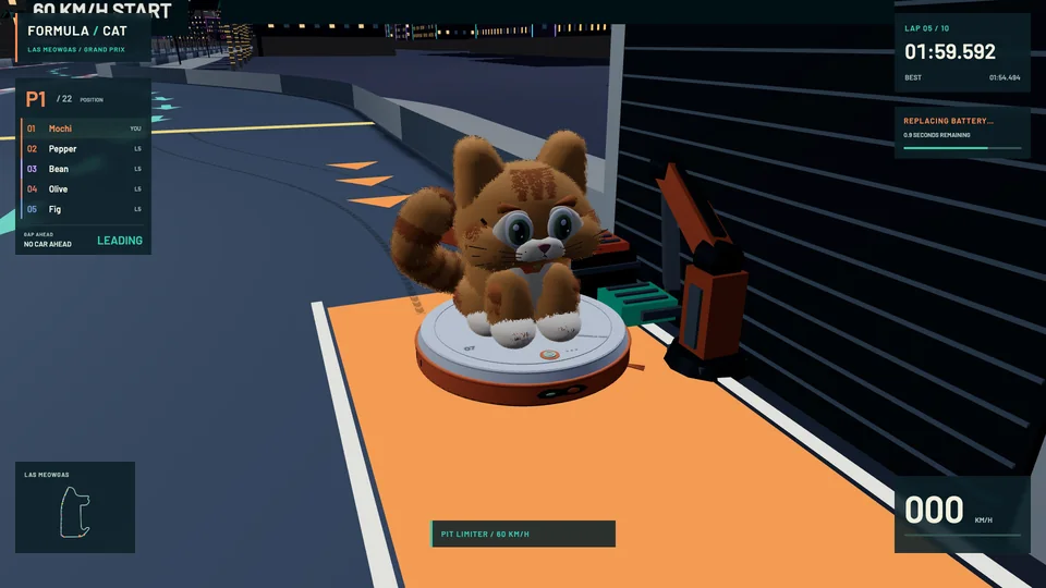Formula Cat: a cat on a robot vacuum at a battery-service pit box