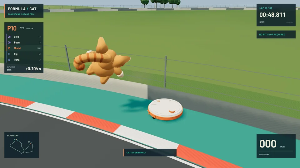 Formula Cat official screenshot: a striped cat is airborne beside its robot vacuum on the kerb, with Cat overboard displayed on screen.
