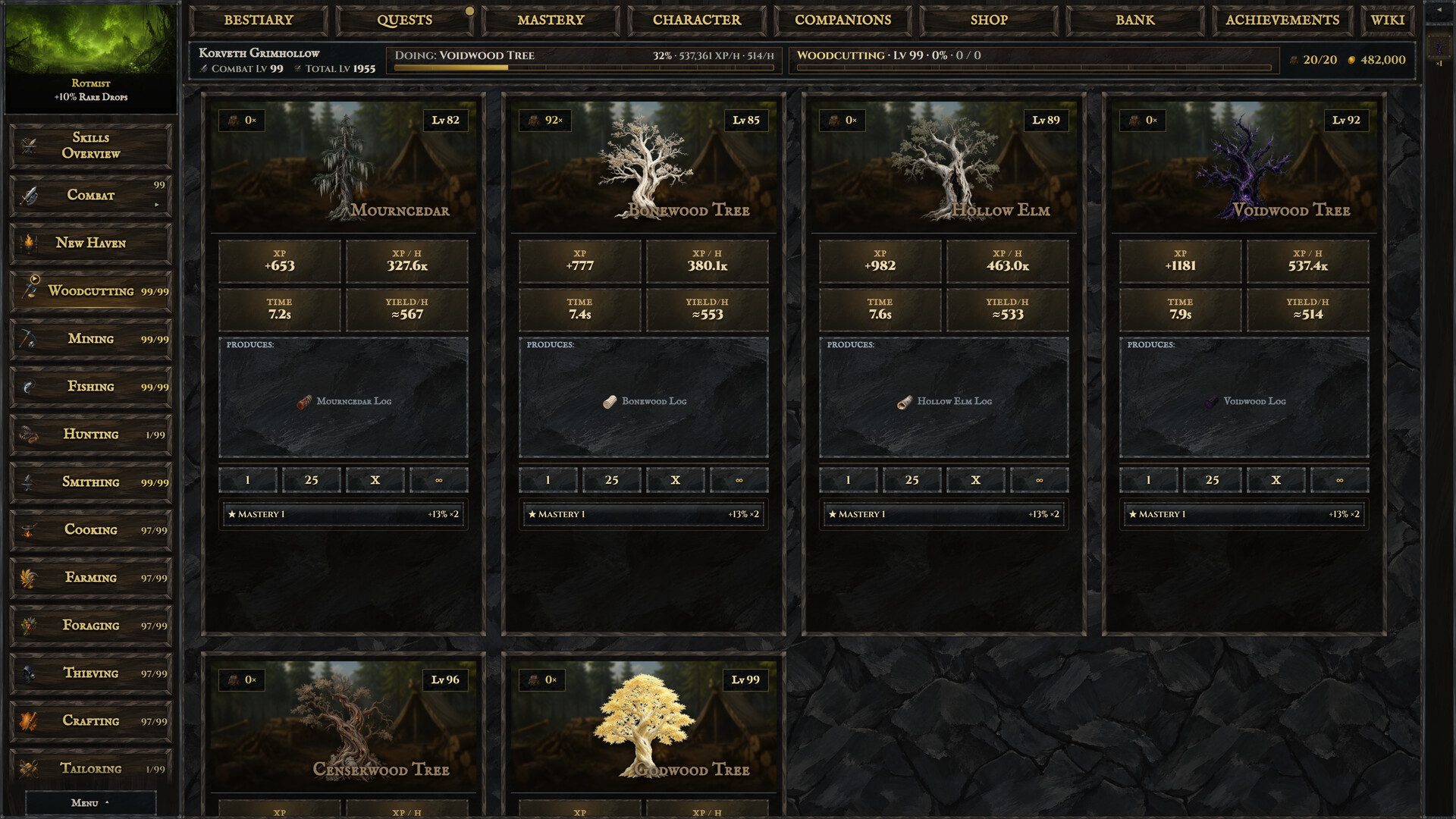 Grim Reach Idle woodcutting screen: tree choices show levels, experience, yields and repeat-count controls beside a skill sidebar.