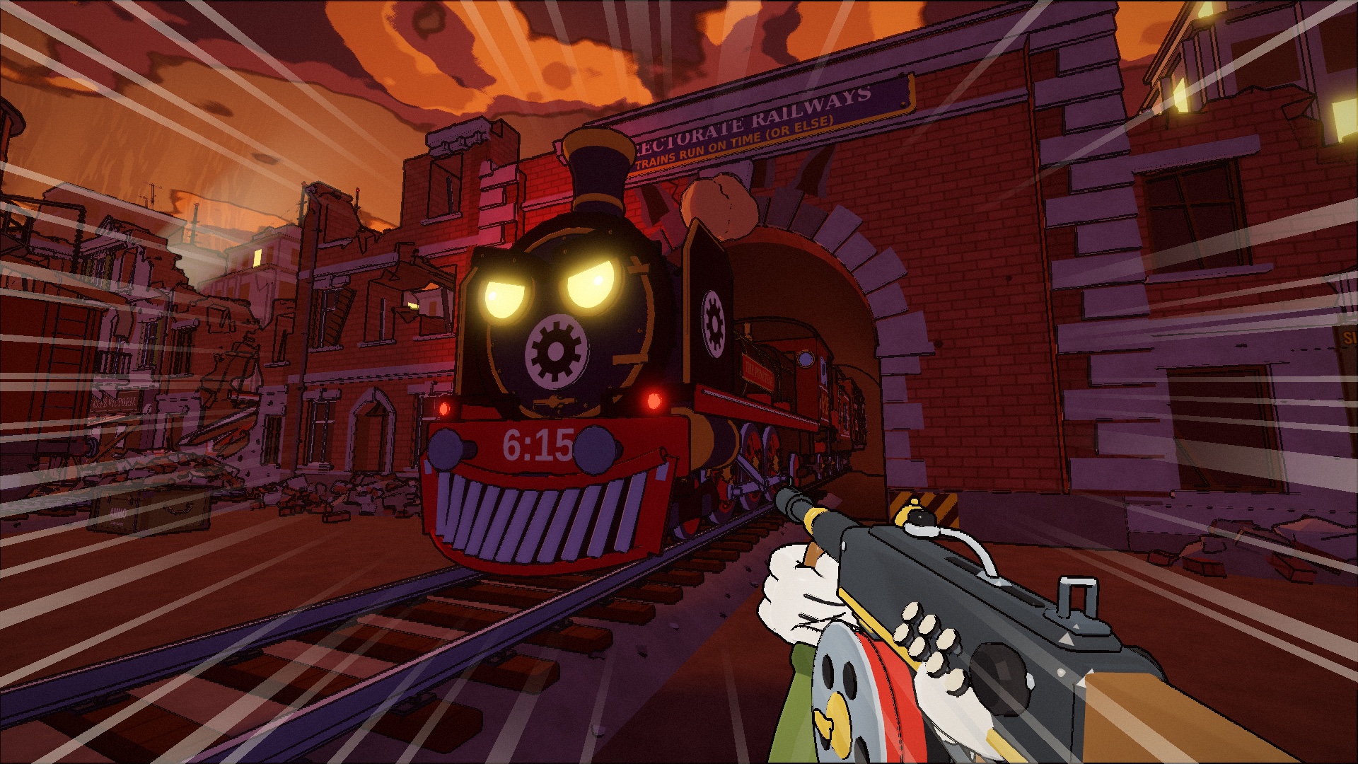 Iron Curtain Call in-game still: a grinning wind-up train emerges from Rubbleton station as a white-gloved player aims a weapon.