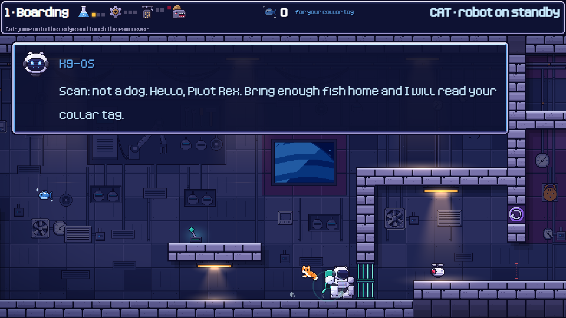 MEOWCHA gameplay: a ginger cat stands outside the rescue robot beside a closed gate, with a dialogue panel and level interface visible.