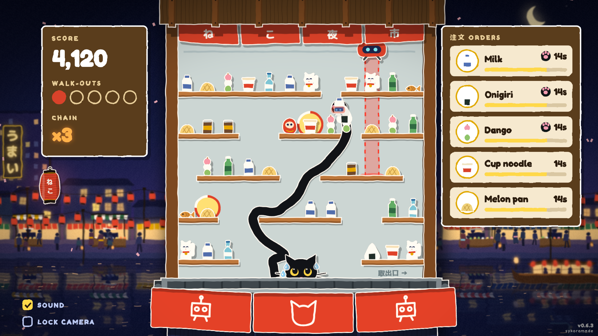 Neko Night Market gameplay: a black cat’s extended paw winds through shelves toward orders, with score and waiting orders visible.