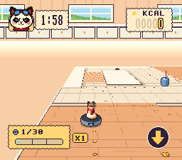 RoombaCat gameplay: a cat rides a robot vacuum across a tiled room, with timer, bag meter and banked calories visible.