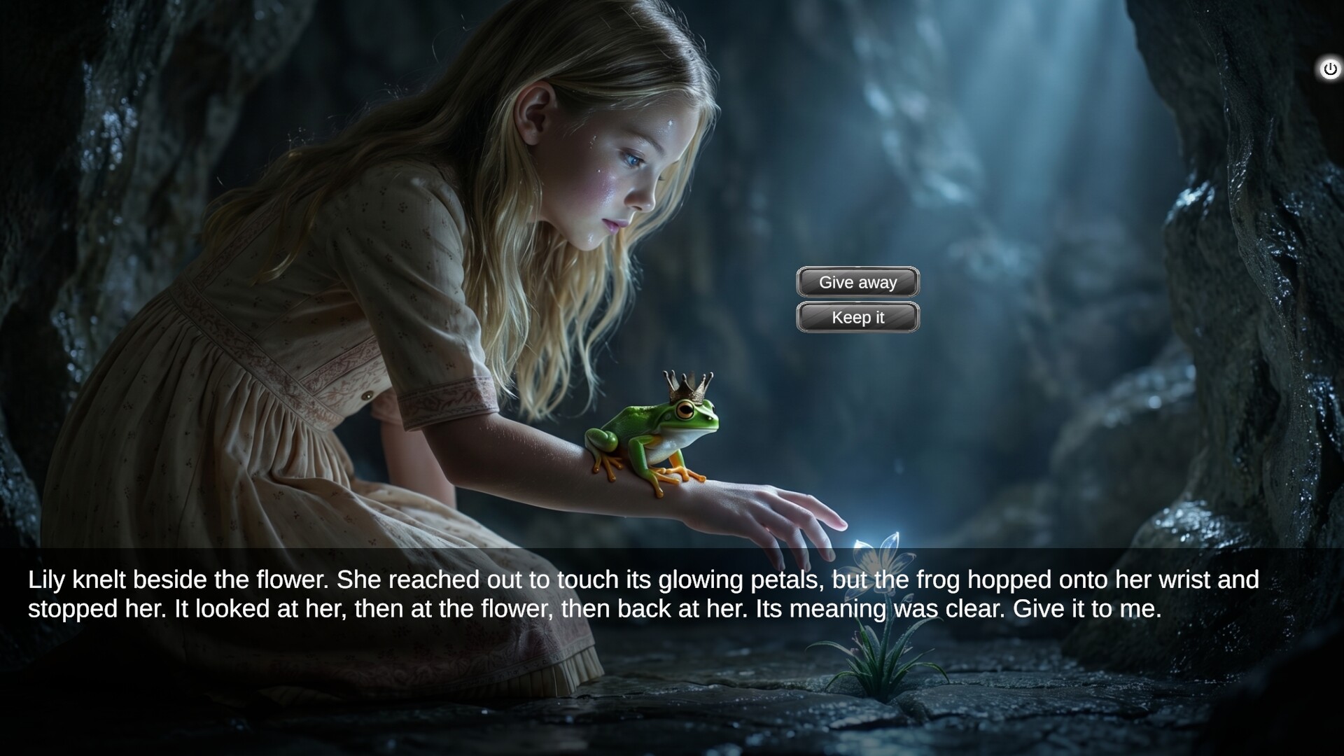 Luminara official game screenshot: Lily holds a crowned frog while a story scene offers Give away and Keep it choices.