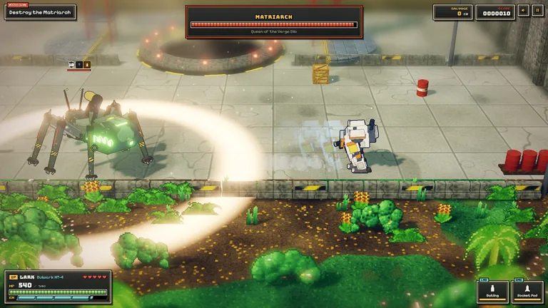 Metal Wayfarer official screenshot: a biped mech fights the Matriarch boss, with Gatling and Rocket Pod weapon slots visible