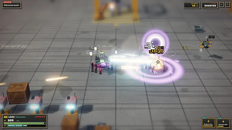 Metal Wayfarer official screenshot showing a dark spider-legged mech firing a bright beam in an industrial yard