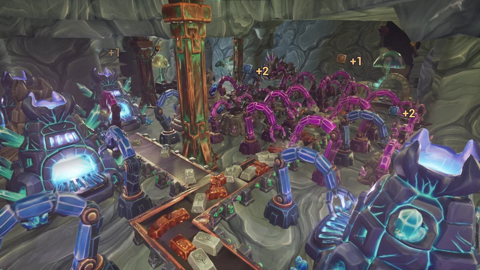 Mithril pre-release game screenshot: purple and blue transfer arms around conveyor lanes and processing machines inside a cave.