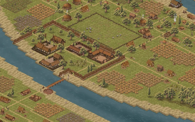 Pixel Metropolis official pre-release view: paths connect a riverside settlement, timber buildings, fields, a bridge and a cattle pen.
