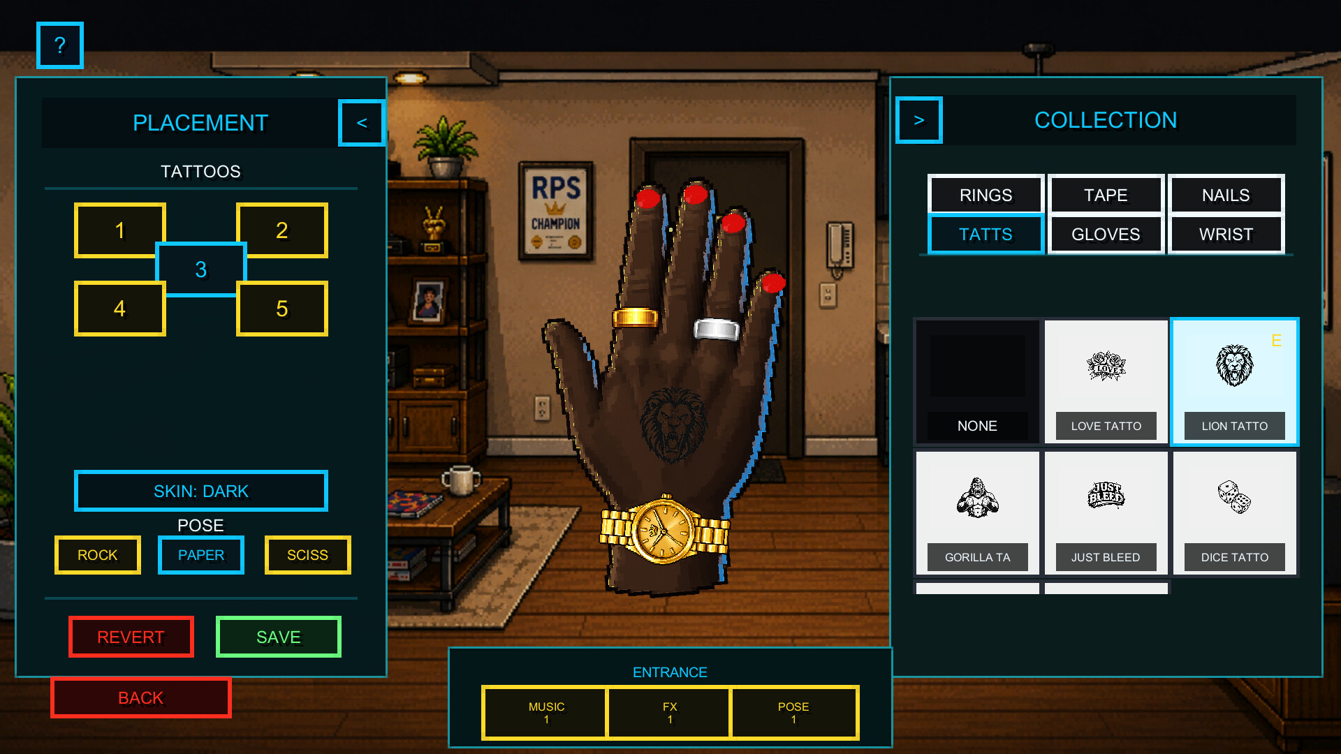Ultimate RPS Championship fighter customization screen with accessories