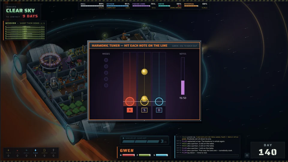 Official development screenshot showing a Harmonic Tuner station minigame with three coloured note lanes over the spaceship view.